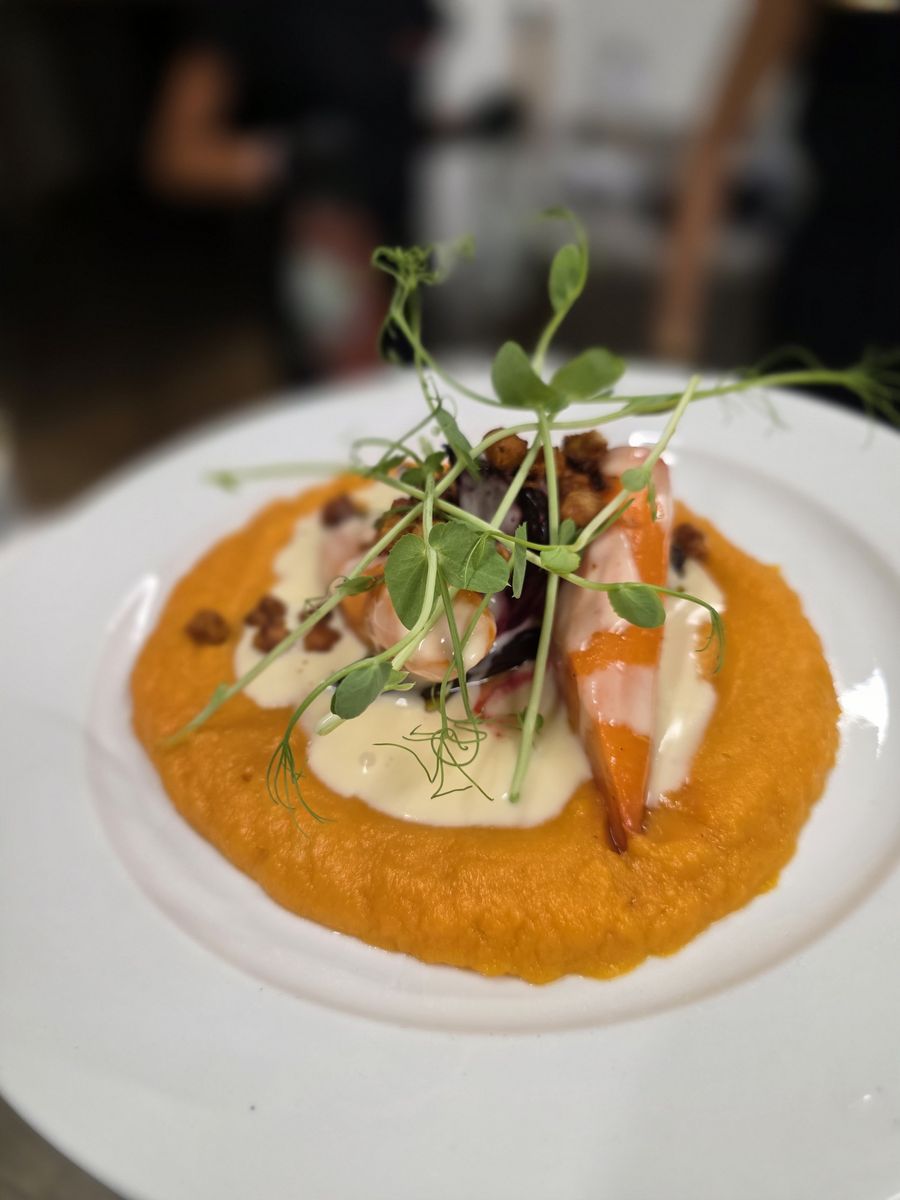 Purée de carotte, sauce crémée & pousses